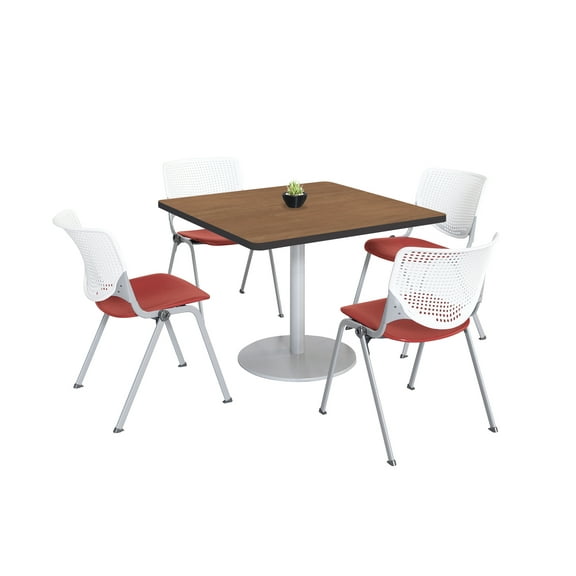 KFI Studios Mode Square 3' Dining Table Set, River Cherry, 4 White & Coral KOOL Chairs