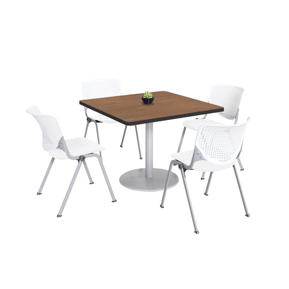 KFI Studios Mode Square 3' Dining Table Set, River Cherry, 4 White KOOL Chairs
