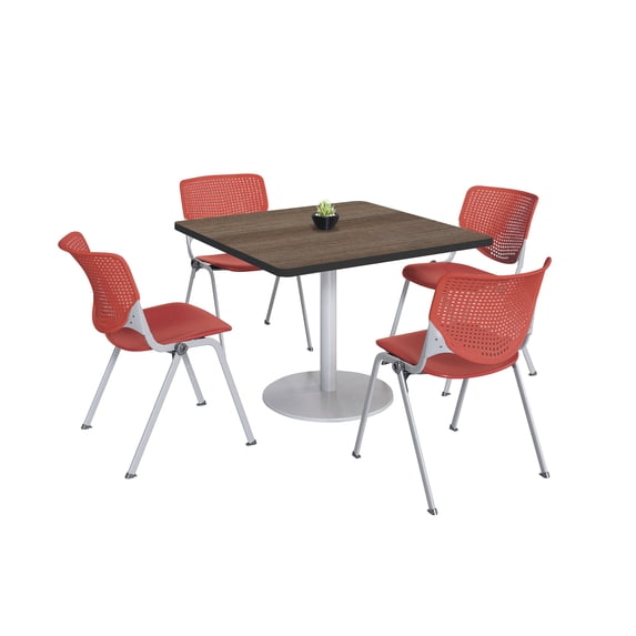 KFI Studios Mode Square 3' Dining Table Set, Studio Teak, 4 Coral KOOL Chairs