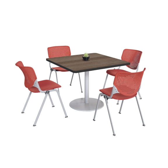 KFI Studios Mode Square 3' Dining Table Set, Studio Teak, 4 Coral KOOL Chairs