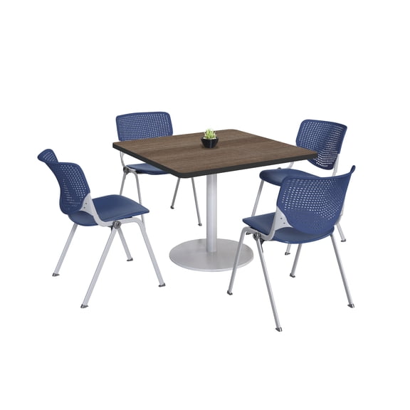 KFI Studios Mode Square 3' Dining Table Set, Studio Teak, 4 Navy KOOL Chairs