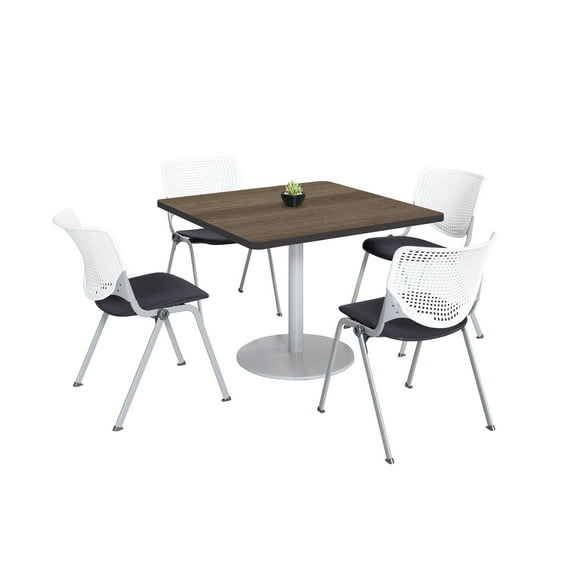 KFI Studios Mode Square 3' Dining Table Set, Studio Teak, 4 White & Black KOOL Chairs