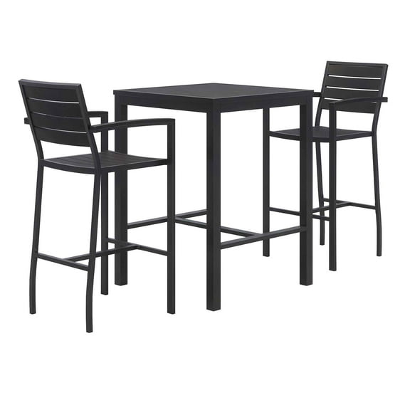 KFI Studios KFI840031925275 Eveleen Outdoor Bistro Patio Table with Two Black Powder-Coated Polymer Barstools, 30 in. Square, Black