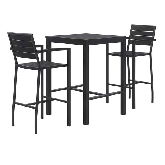 KFI Studios KFI840031925275 Eveleen Outdoor Bistro Patio Table with Two Black Powder-Coated Polymer Barstools, 30 in. Square, Black