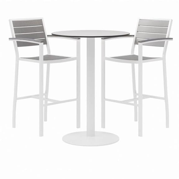 KFI Studios KFI840031918475 Eveleen Outdoor Bistro Patio Table, Two Gray Powder-Coated Polymer Barstools, Round, 30 Dia. x 41 in., White