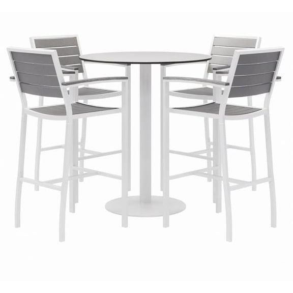 KFI Studios KFI840031918512 Eveleen Outdoor Bistro Patio Table with Four Gray Powder-Coated Polymer Barstools, Round, 41 in., White