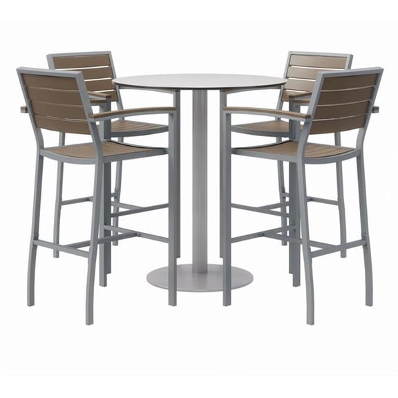 KFI Studios KFI840031918505 Eveleen Outdoor Bistro Patio Table with Four Mocha Powder-Coated Polymer Barstools, Round, 41 in., Gray