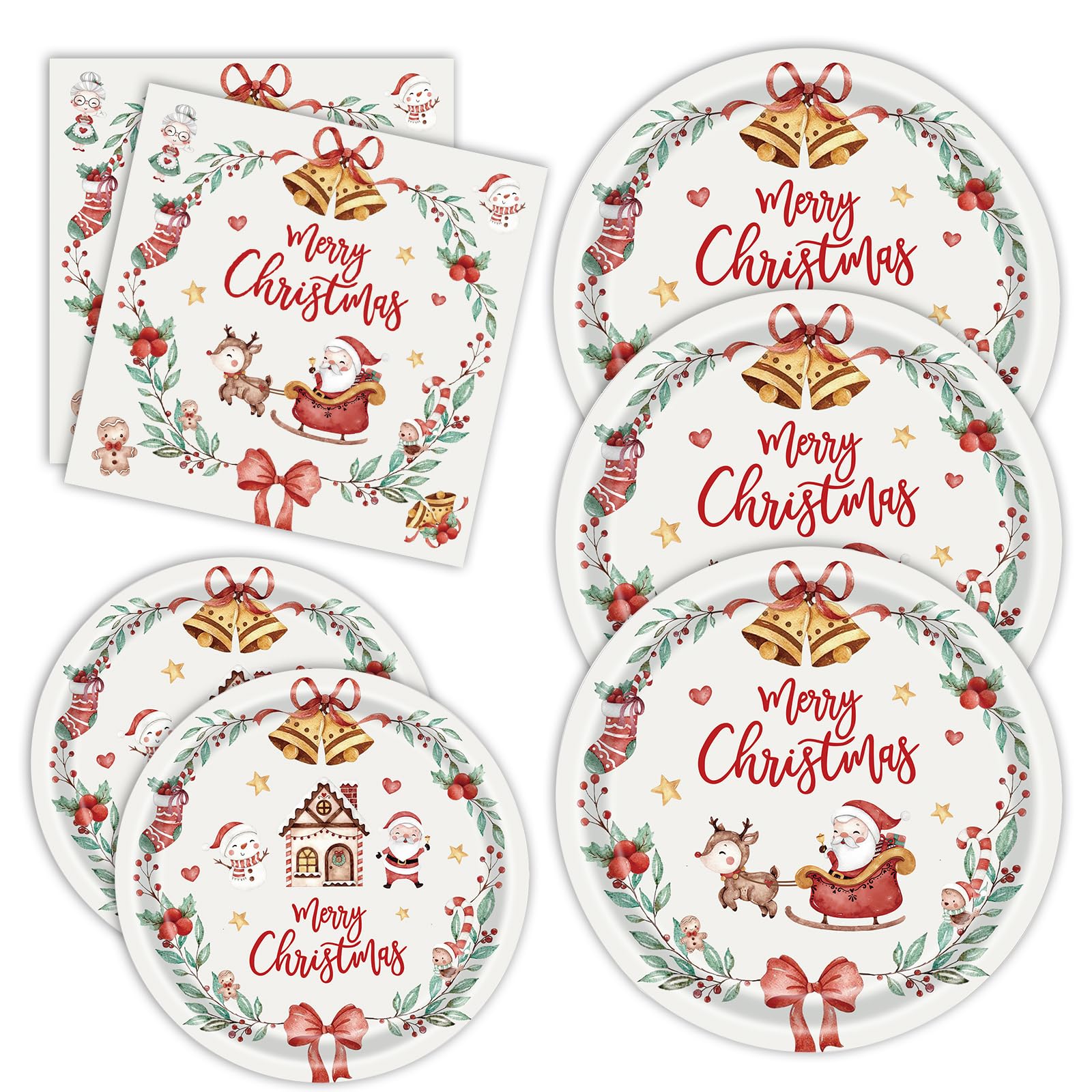 KFJBPB 60 Pcs Christmas HHA1 Paper Plates and Napkins Supplies, Merry