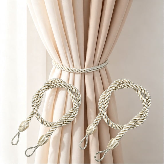 KFUIRDE 2Pcs Rope Curtain Tiebacks, Farmhouse Tassel Tie Backs for Window Curtains, Decorative Cord Buckle Drapery Holdbacks, Rustic Window Accessory, A