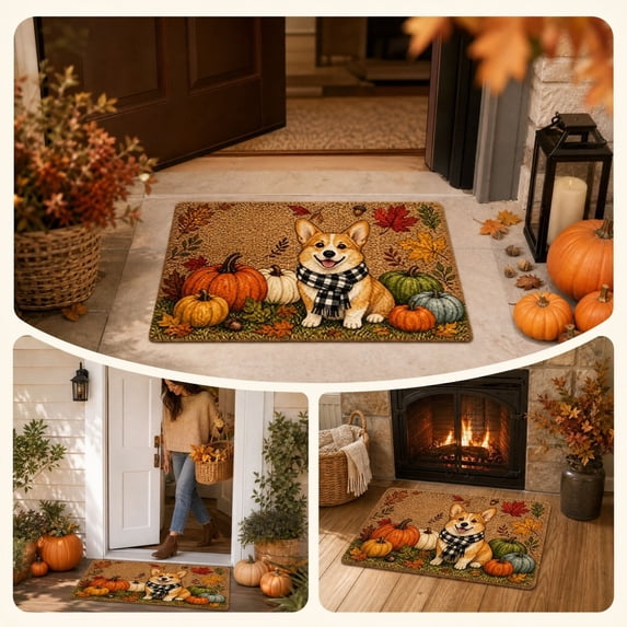 KFUIRDE Fall Pumpkin Maple Leaves Floor Mat, Halloween Thanksgiving Non-Slip Absorbent Doormat with Warm Autumn Print, Kitchen Bathroom Porch Entrance Rug, Easy Clean Seasonal Floor Decor C