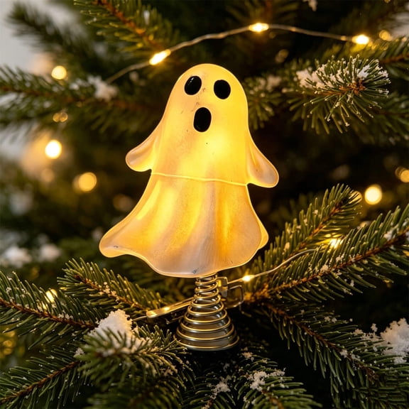 KFUIRDE Spring Bobble Ghost Christmas Tree Topper, Cute White Ghost with USB LED Light, Spooky Fun Tree Top Ornament for Halloween, Christmas, Party Decor, A