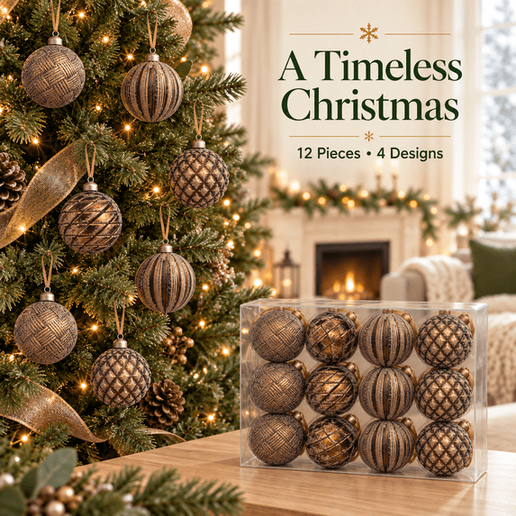 KFUIRDE Vintage Painted Christmas Ornaments Set 12pc, Warm Brown Retro Tree Decor with Shatterproof Hanging Balls, Vintage Style Accents for Christmas Tree Mantel Wreath, Holiday Display