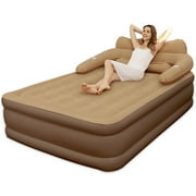 KFeng 18in Queen Brown Inflatable Air Mattress with Headboard,Built-in & Removable Pump,Camping & Home Use