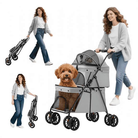 KFeng 2 Tier Pet Stroller with 360° Degree Front Swivel & Brakes,Mesh Canopy for Dogs & Cats,Foldable(Gray)
