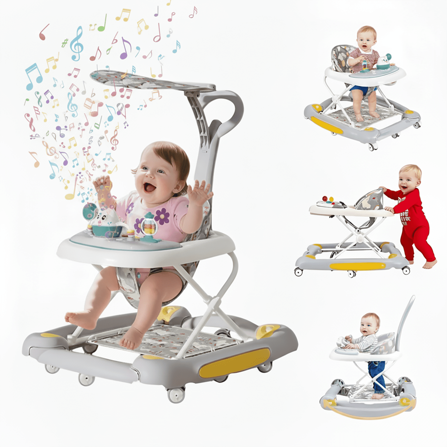 KFeng 4-in-1 Foldable Baby Walker with Toy Tray,3-Level Height Adjustable,Wheels,for Infants 6-24 Months (Grey)