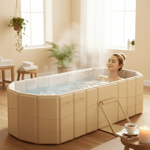 KFeng 47"Foldable Bathtub for 2 People,Upgraded Adult Tub for Hot Ice Bath,Yellow With A Lid