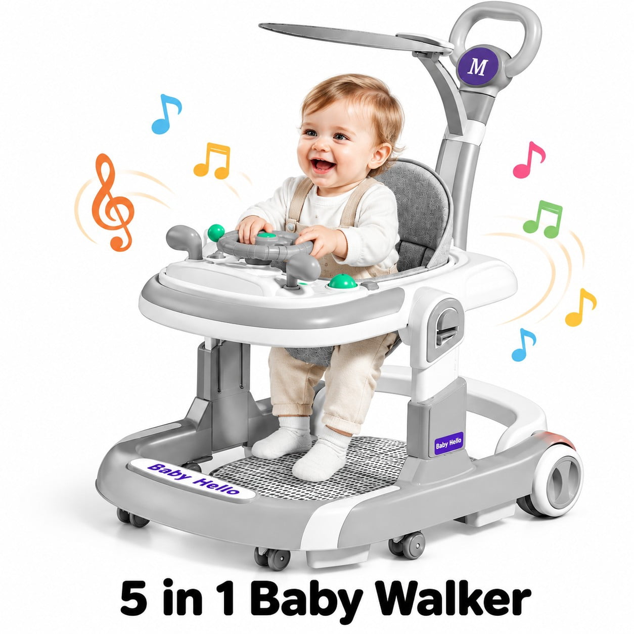 Walkier Baby KFeng 5-in-1 Foldable Baby Walker with Steering Wheel & Music, 4-Level ...