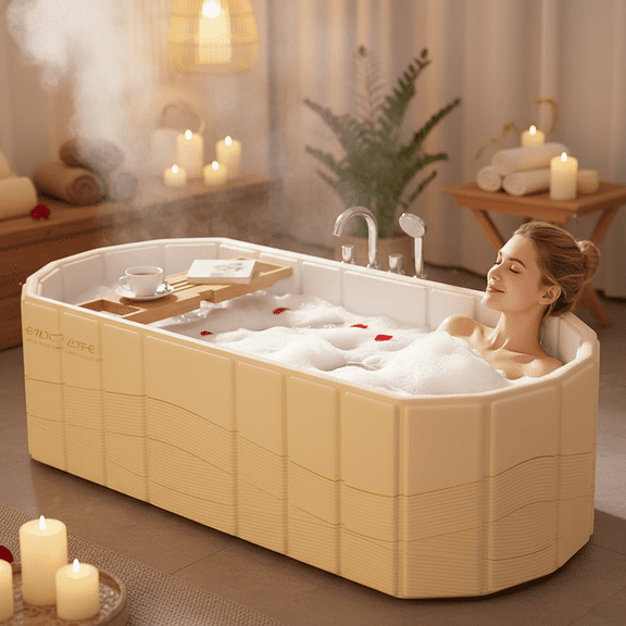 KFeng 59" Foldable Bathtub for Adult,Fits Two People, Long-Lasting Heat & Cold Preservation,Yellow