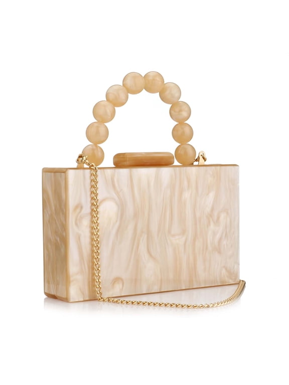 Acrylic Purses Evening Clutch Bag Marbling Handbags for Women Cross Body Bag with Pearl Chain, Pearl Purse (Beige)