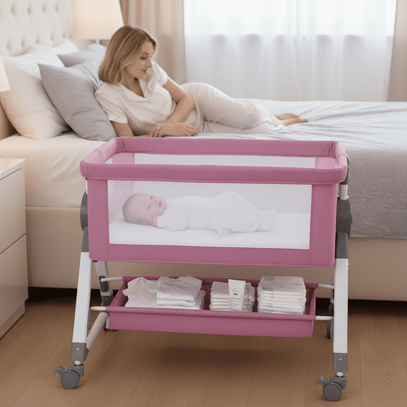 KFeng Baby Bassinet with Changing Table & Wheel,Adjustable Height for 0-36 Months, Pink