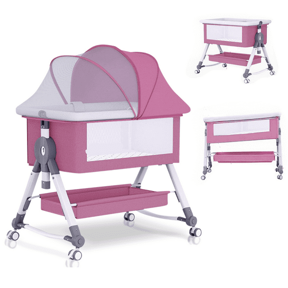 KFeng Baby Bassinet with Changing Table & Wheel,Adjustable Height for 0-36 Months, Pink