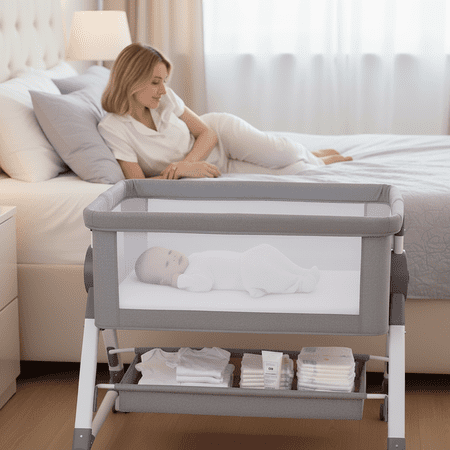 KFeng Baby Bassinet with Changing Table & Wheel,Adjustable Height for 0-36 Months,Gray