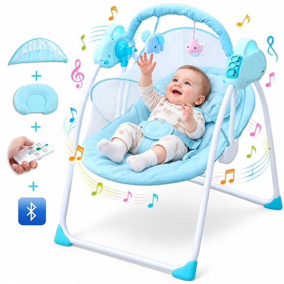 KFeng Baby Swing for Infants, Portable Electric Motorized Infant Swing with Toy Bluetooth Music Remote 3-Speed Electric Swing, Blue