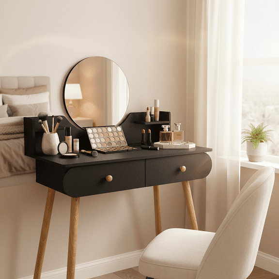 KFeng Dressing Table with Mirror, Two Drawers and Two Upper and Lower Compartments, for Bedroom Use, Black