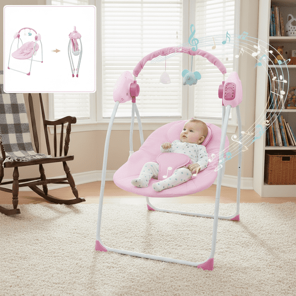 KFeng Baby Swing for Newborns-Electric Motorized Infant Swing, Bluetooth Music,Remote , Pink