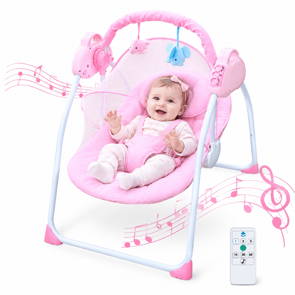 KFeng Baby Swing for Newborns-Electric Motorized Infant Swing, Bluetooth Music,Remote , Pink