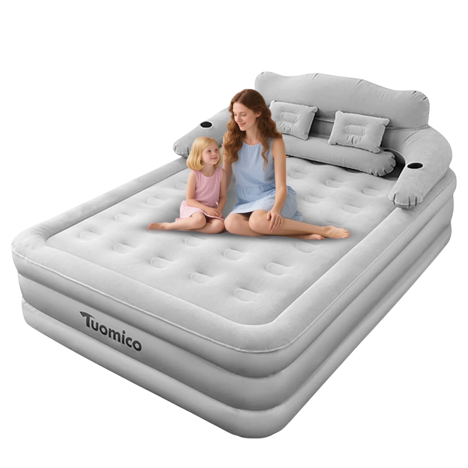 KFeng Queen Size Inflatable Air Mattress with Built in Pump Leak Proof,Foldable,Removable Backrest & Pillows（Gray))