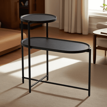 KFeng Round 2 Tier Small Coffee Table,Black Wood Top & Black Metal Frame for Living Room