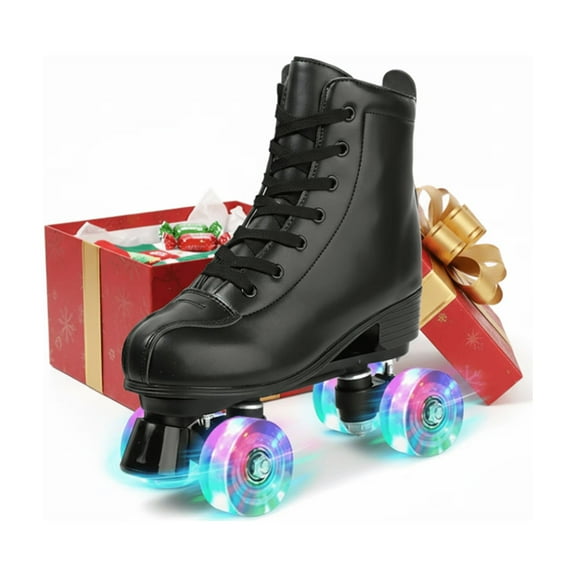 KFeng Shiny PU Leather Roller Skates for Indoor/Outdoor Use,Unisex Skates,Black(Women 12/Men 10.5)