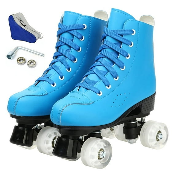 KFeng Shiny PU Leather Roller Skates for Indoor/Outdoor Use,Unisex Skates,Blue(Women10/Men8.5)