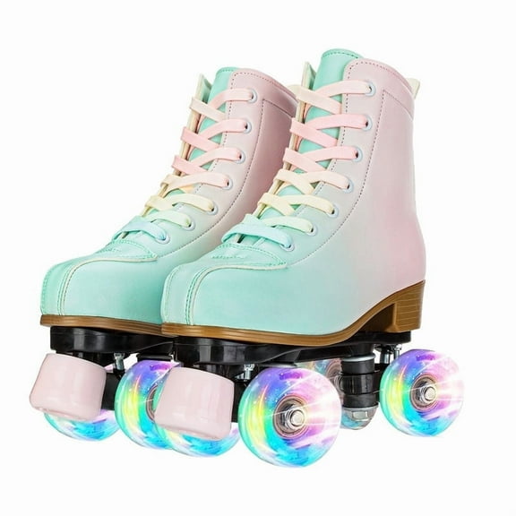 KFeng Shiny PU Leather Roller Skates for Indoor/Outdoor Use,Unisex Skates,Green&Pink (Women7/Men5.5)
