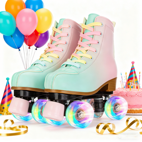 KFeng Shiny PU Leather Roller Skates for Indoor/Outdoor Use,Unisex Skates,Green&Pink (Women8/Men6.5)