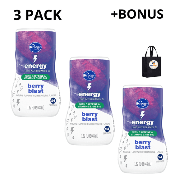 KG Energy Liquid Water Enhancer Berry Blast With Caffeine and Vitamins B3 B6 B12 24 Servings 1.62 FL OZ (48mL) , 3 Pack + BONUS