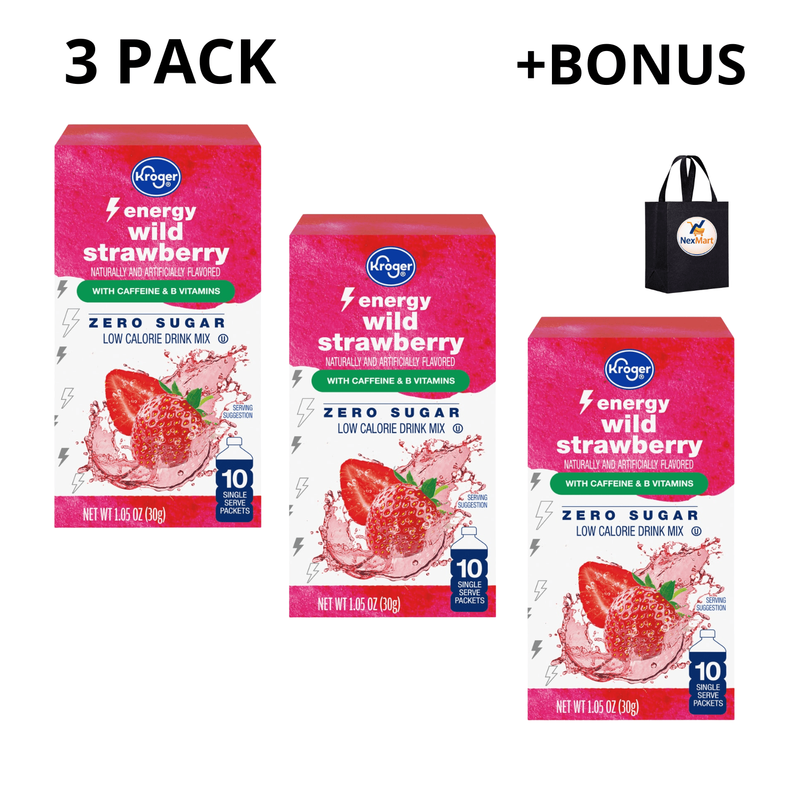 KG Energy Wild Strawberry Drink Mix Zero Sugar With Caffeine B Vitamins Low Calorie , 1.05 oz 3 Pack + Bonus