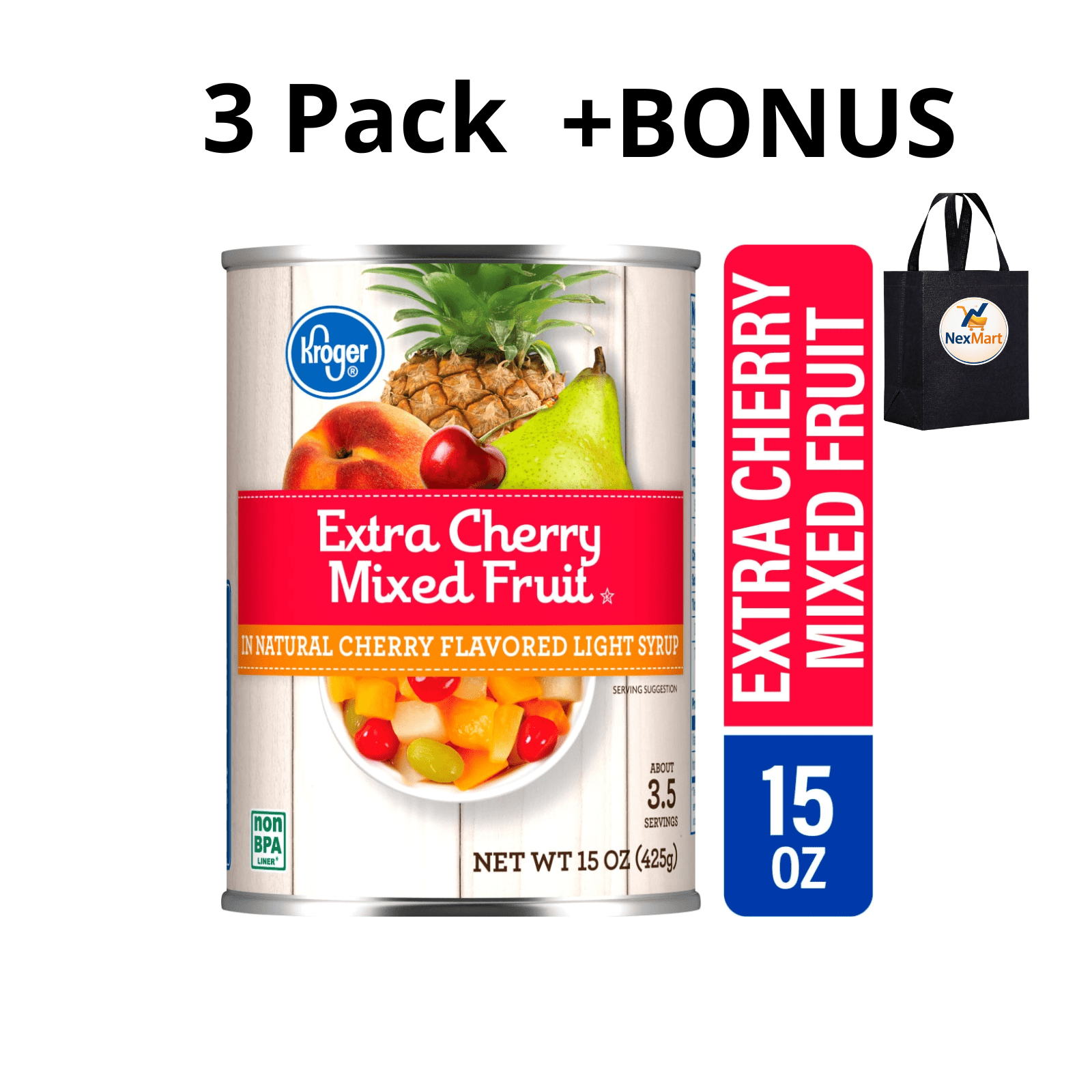 KG Extra Cherry Mixed Fruit in Natural Cherry Flavored Light Syrup, Non BPA Liner, 15 oz , 3 Pack + Bonus