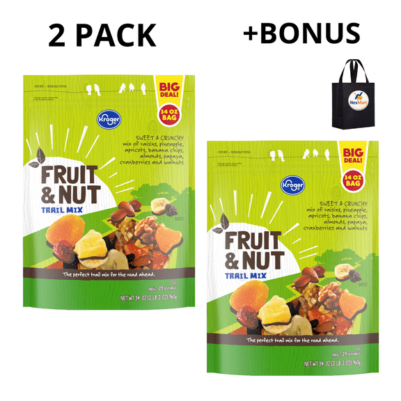 KG Fruit & Nut Trail Mix Sweet Crunchy Resealable Bag 34 oz , 2 Pack + Bonus