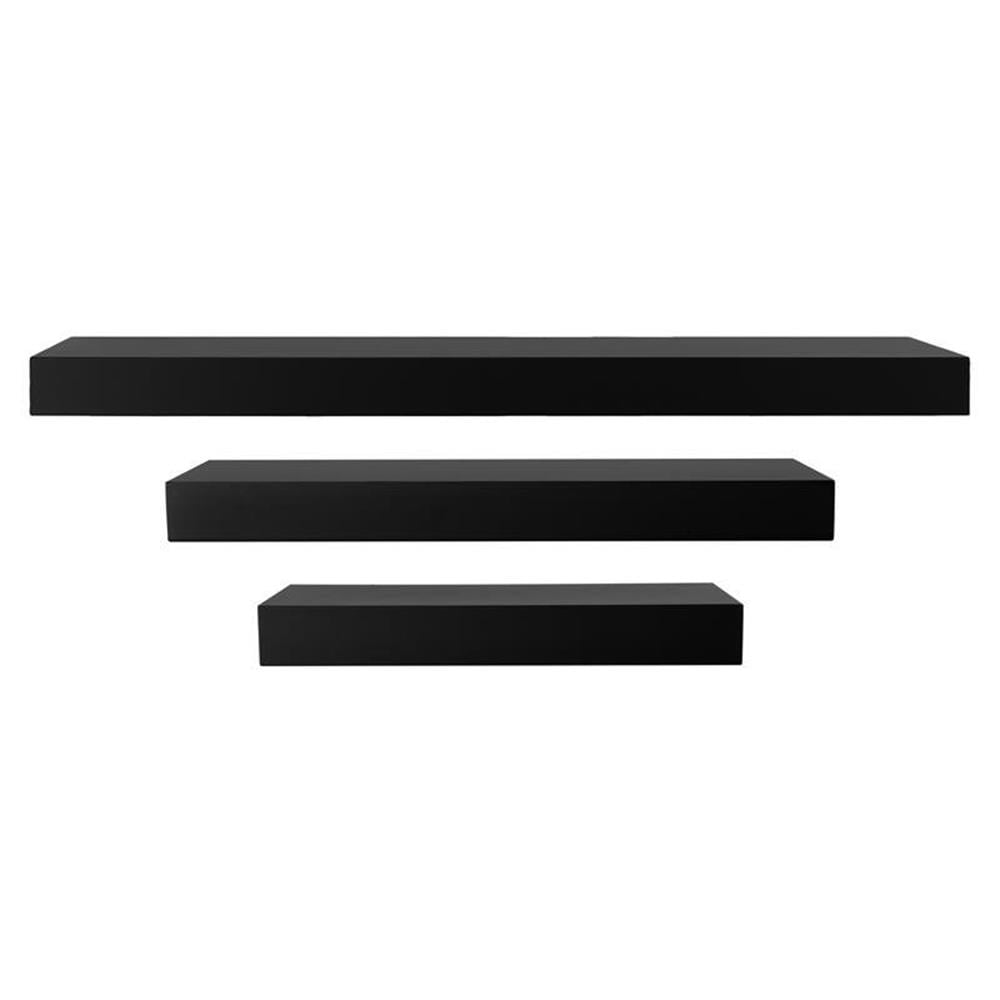 Set of 3 Black MDF Floating Wall Shelves for Living Room