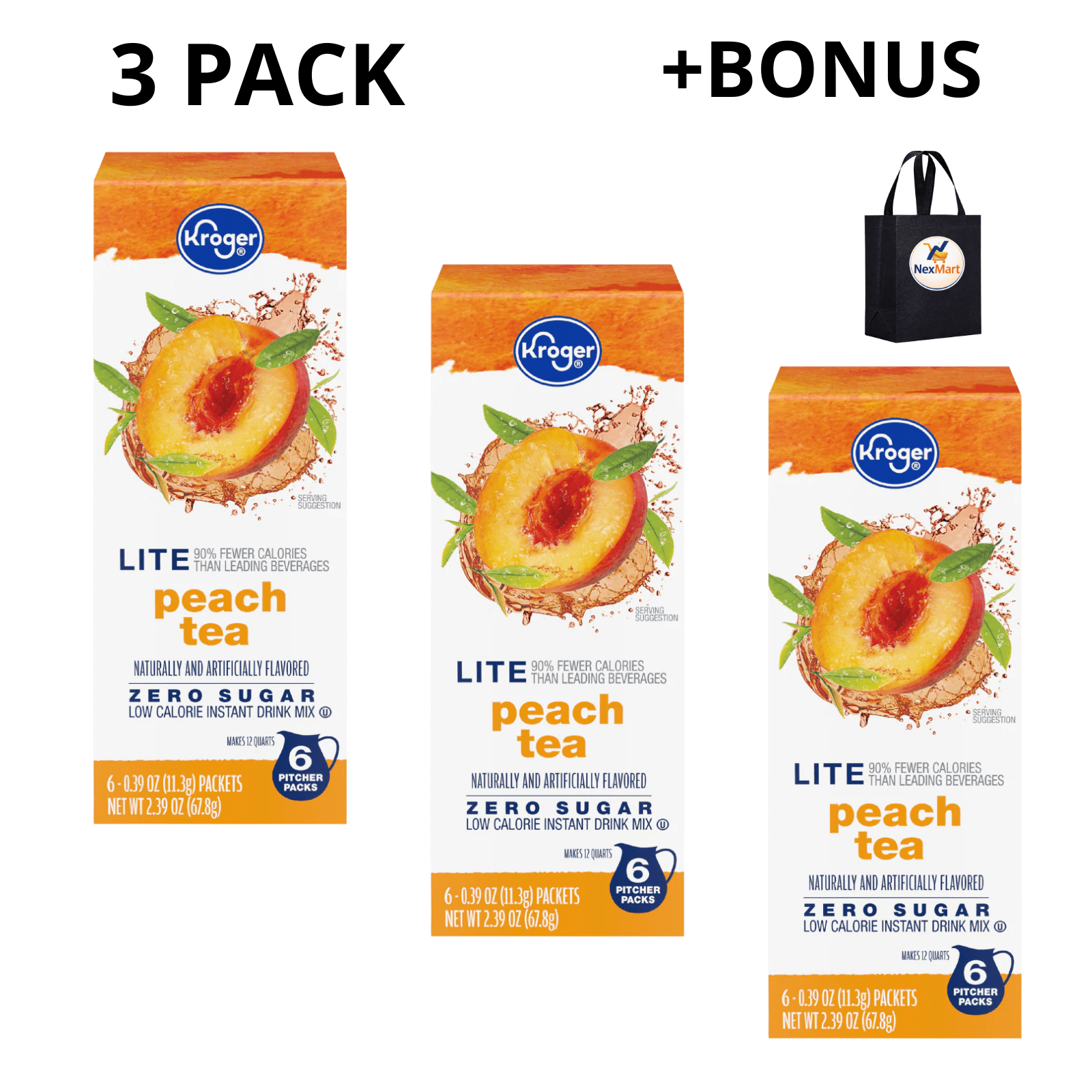 KG Lite Zero Sugar Peach Tea Instant Drink Mix Packets 2.39 oz , 3 Pack + Bonus