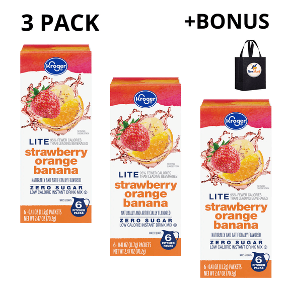 KG Lite Zero Sugar Strawberry Orange Banana Instant Drink Mix Packets , 2.47 oz , 3 Pack  + Bonus