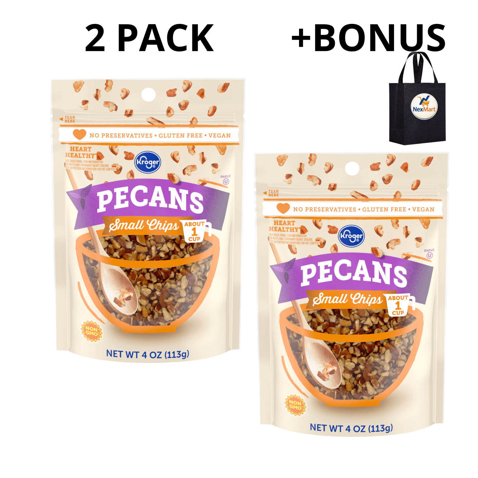 KG  Pecans Small Chips, No Preservatives, Gluten Free, Vegan, 4 OZ , 2 Pack + Bonus