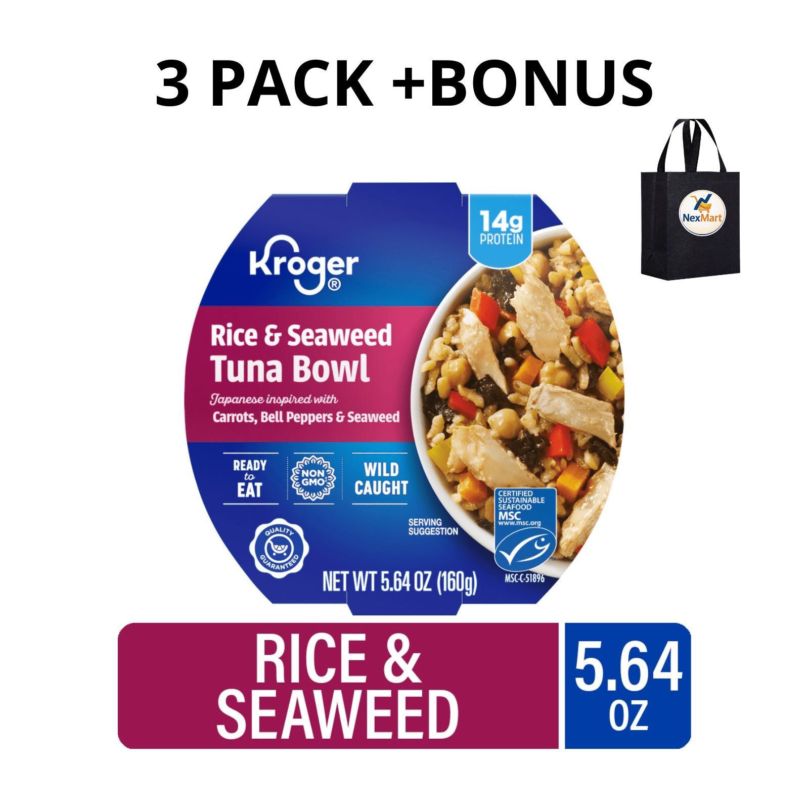 KG Rice & Seaweed Tuna Bowl, Japanese Inspired, Ready to Eat, Wild Caught, 14g Protein, Non GMO, 5.64 Ounce , 3 Pack + Bonus