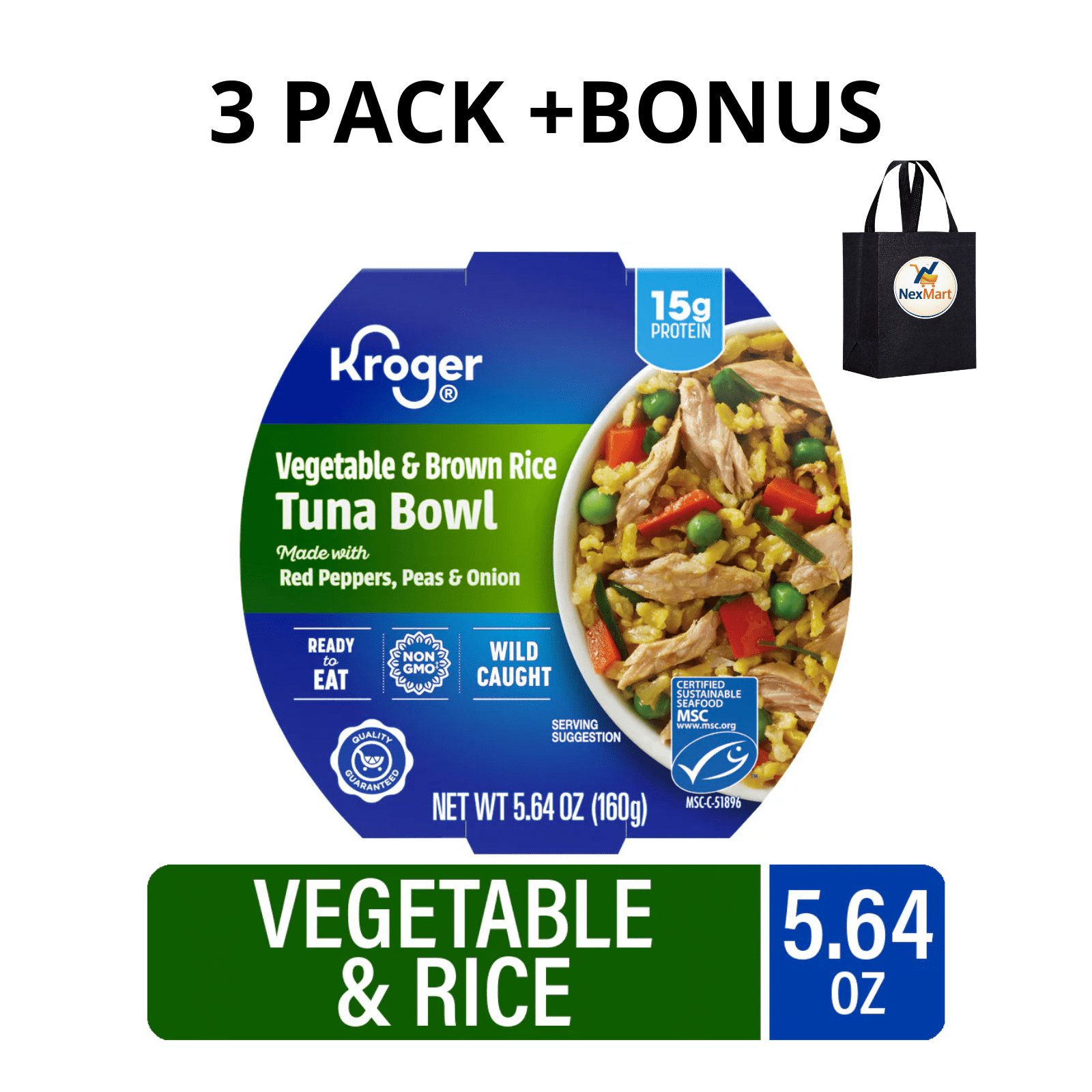 KG Vegetable & Brown Rice Tuna Bowl Ready to Eat 15g Protein Wild Caught MSC Certified Sustainable Seafood 5.64 oz , 3 Pack + Bonus