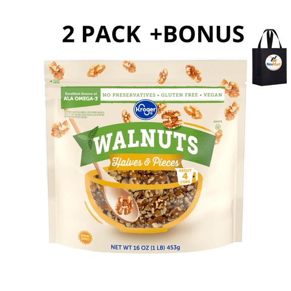 KG Walnuts Halves and Pieces Gluten Free Vegan No Preservatives ALA Omega-3 Non-GMO 16 oz , 2 Pack + Bonus