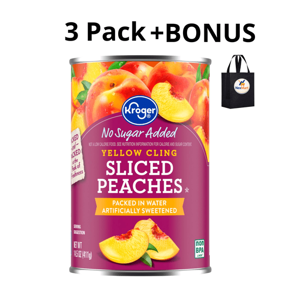 KG Yellow Cling Sliced Peaches, No Sugar Added, Packed in Water Artificially Sweetened, 14.5 oz , 3 Pack + Bonus