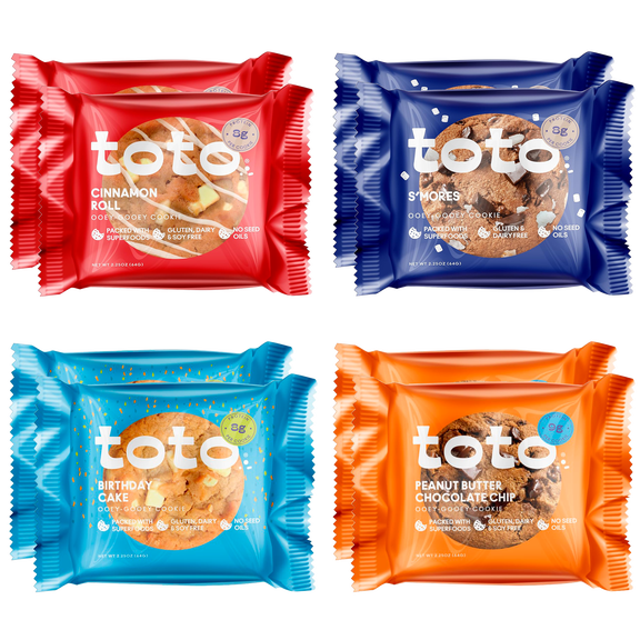 KGF - Variety Pack TOTO Gluten-Free Gooey Cookie, 2 Birthday Cake, 2 Peanut Butter Chocolate Chip, 2 Cinnamon, 2 S'mores 2.25oz, 8 Count