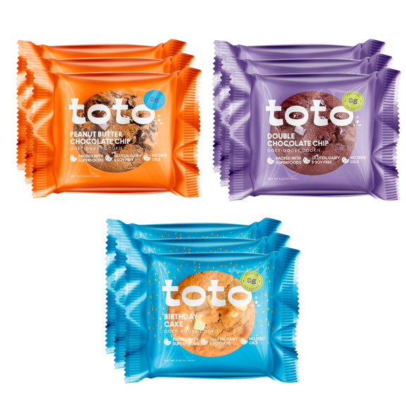 KGF - Variety Pack TOTO Gluten-Free Gooey Cookie, Peanut Butter 3, Double Chocolate 3, SeaSalt Chocolate 3, 2.25oz, Pack of 9